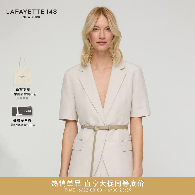 LAFAYETTE148/拉飞逸丝麻礼服呢短袖腰带夹克西装平驳领气质上衣