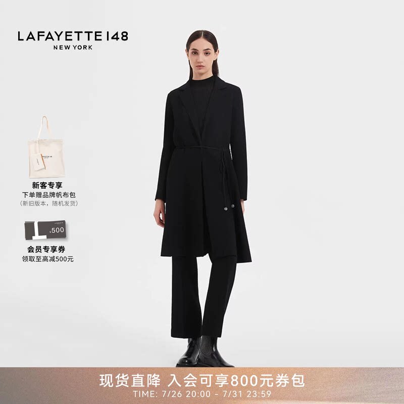 LAFAYETTE148/拉飞逸 荷叶边下摆系带羊毛通勤简约直筒型黑色风衣