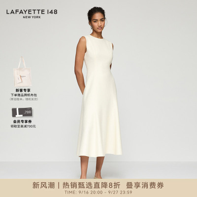 LAFAYETTE148/拉飞逸小香风结圈毛呢收腰A字连衣裙修身型无袖圆领
