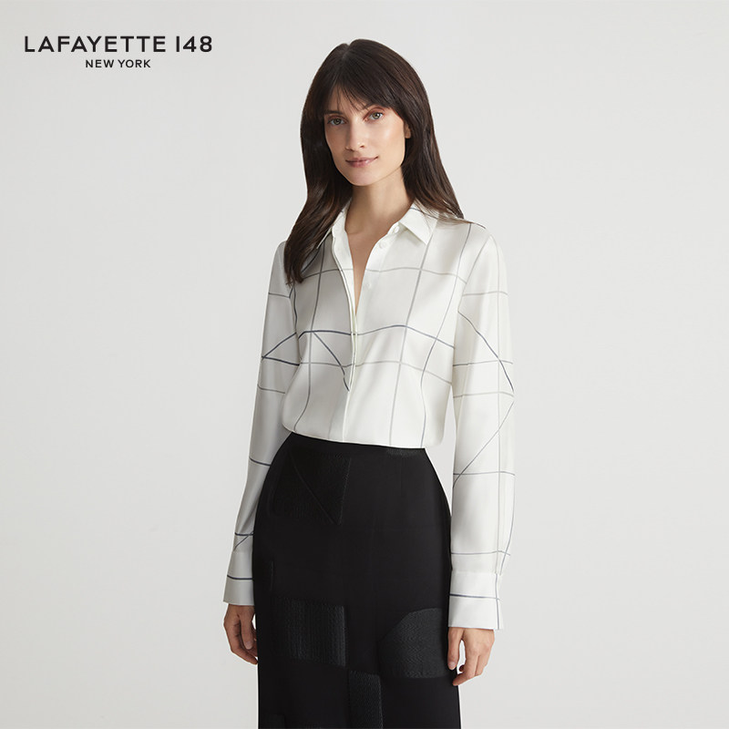 LAFAYETTE148/拉飞逸窗格纹理印花真丝衬衫