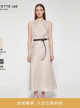 LAFAYETTE148/拉飞逸丝麻高腰A字系腰带舒适连衣裙V领无袖A字裙
