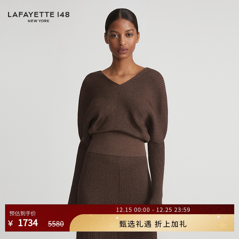 LAFAYETTE148/拉飞逸 V领蝙蝠袖短款肌理针织上衣