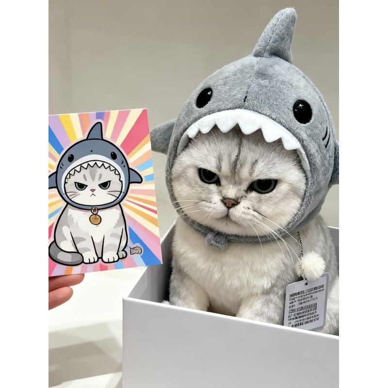 可爱搞怪鲨鱼毛绒头套宠物猫咪小帽子