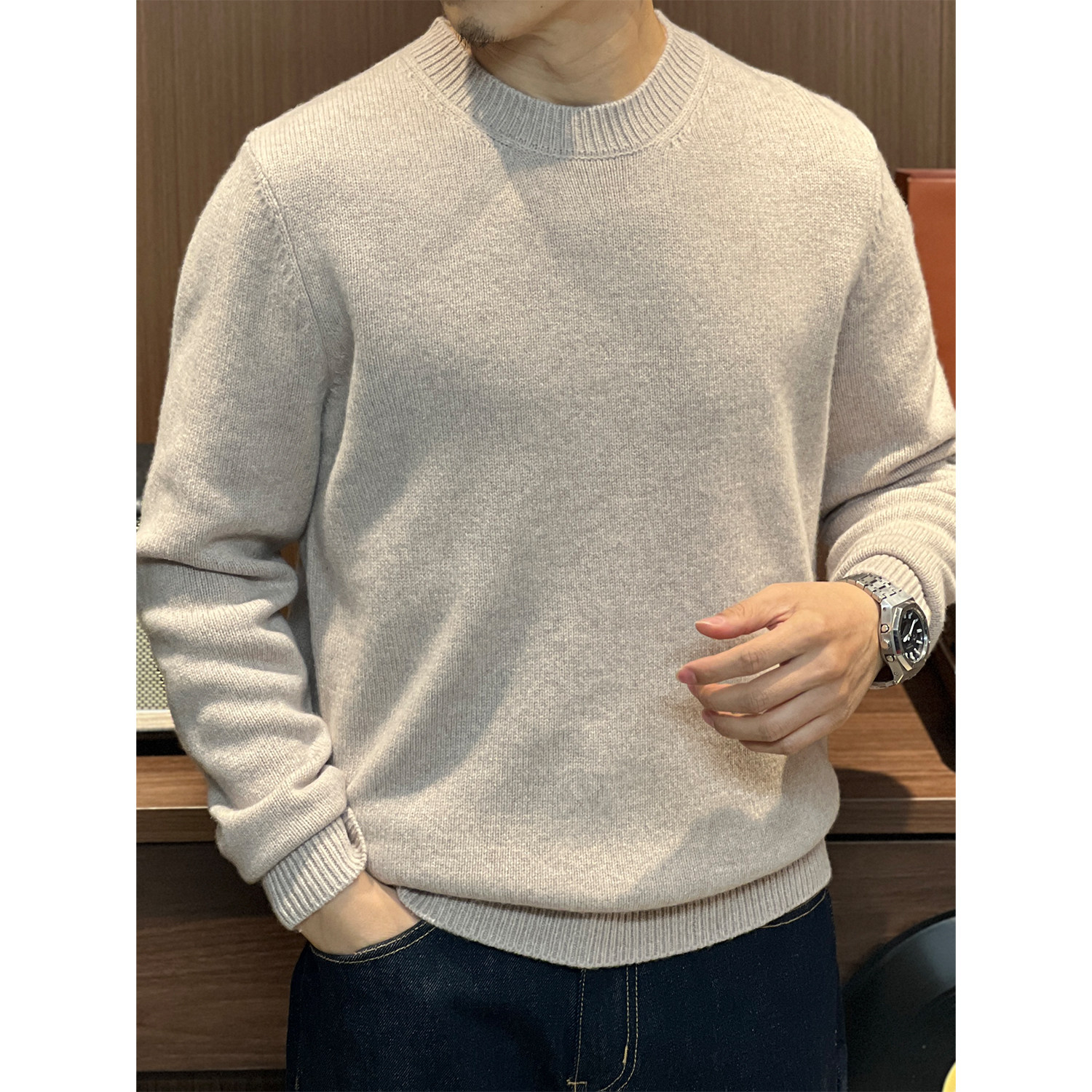 老钱风山羊绒混纺重磅保暖圆领羊毛衣男士秋冬休闲打底加厚针织衫