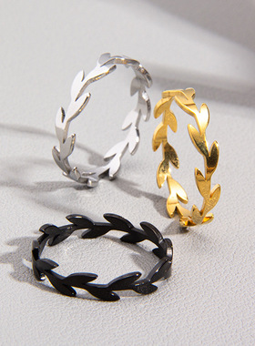 2023新款时尚小清新切割树叶柳枝女个性ins钛钢戒指食指尾戒货源