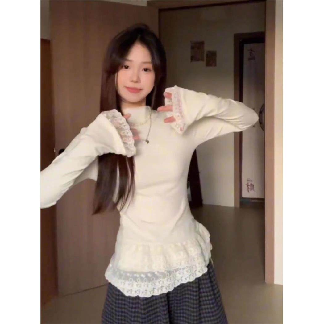 韩系纯欲蕾丝半高领长袖毛衣女秋冬小个子套头修身显瘦打底衫上衣