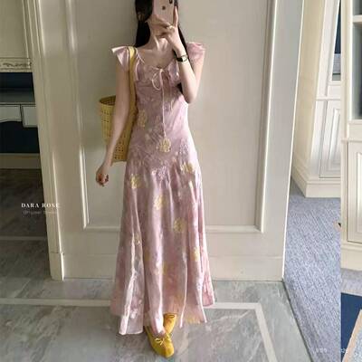 DARA ROSE粉色吊带洋装女夏季刺绣包臀碎花裙修身小个子长裙子