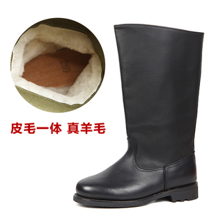 靴筒全牛皮 冬季真皮高筒保暖羊毛皮靴长筒蒙古靴皮毛一体骑士靴