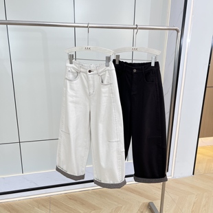 高密斜纹棉驼绒工艺2025冬季新款加绒加厚立裁九分弯刀宽松牛仔裤