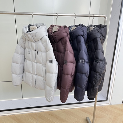 撞色格子宽松加厚连帽羽绒服外套