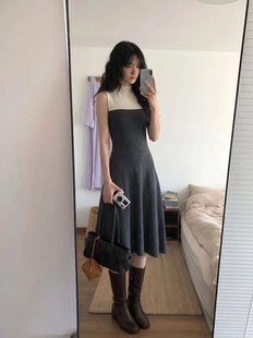 韩版复古经典黑白撞色背心针织连衣裙女百搭赫本高腰针织裙半身裙