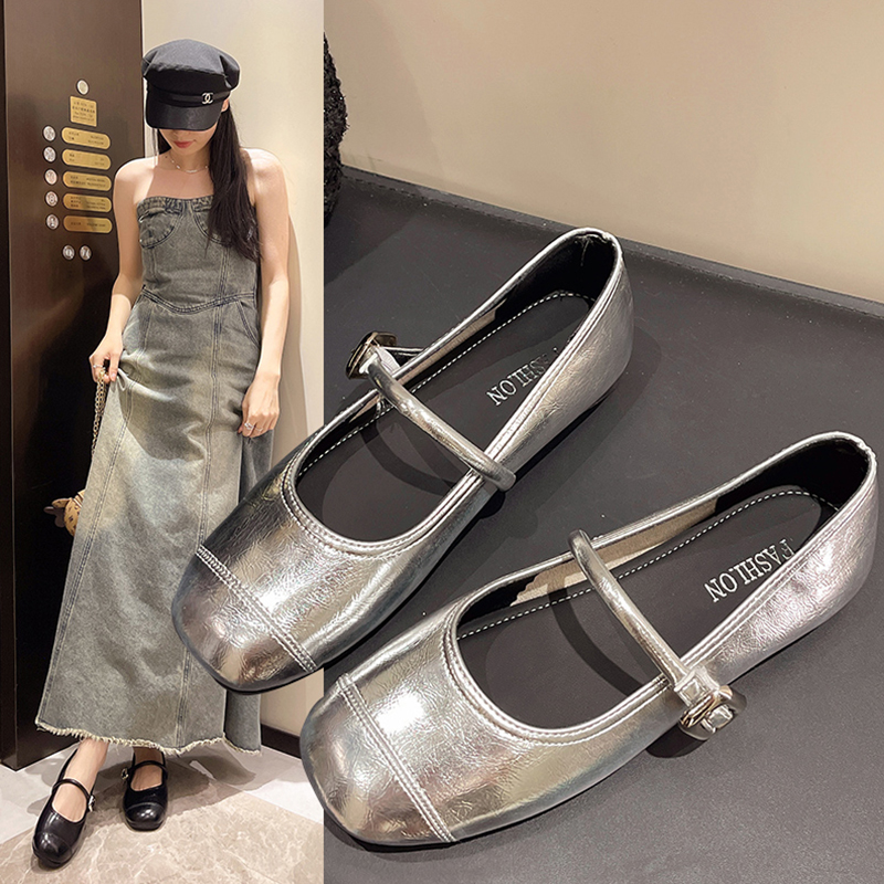 品牌法式配裙子玛丽珍鞋女鞋子2025春夏新款韩版平底豆豆鞋银色小
