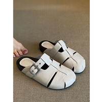 Soft leather version ~ French woven thick-soled one-button flip-flops for women's summer outerwear, retro genuine leather versatile headpiece half-slipper thumbnail 6
