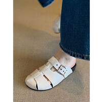 Soft leather version ~ French woven thick-soled one-button flip-flops for women's summer outerwear, retro genuine leather versatile headpiece half-slipper thumbnail 7