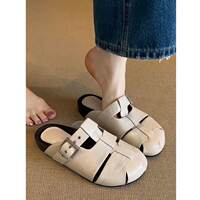 Soft leather version ~ French woven thick-soled one-button flip-flops for women's summer outerwear, retro genuine leather versatile headpiece half-slipper thumbnail 5