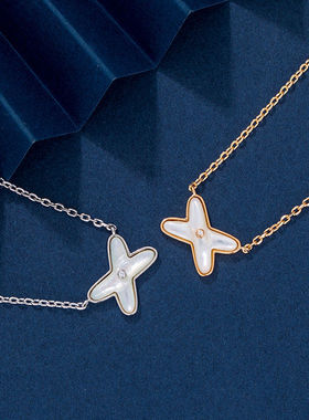 纯银925尚美18k玫瑰金色交叉白贝母项链女轻奢小众简约吊坠锁骨链