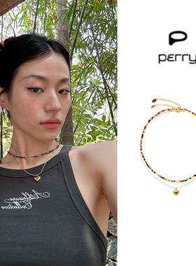 Perry赵昭仪同款托斯卡纳烈日套链爱心吊坠咖啡玛瑙串珠项链双层