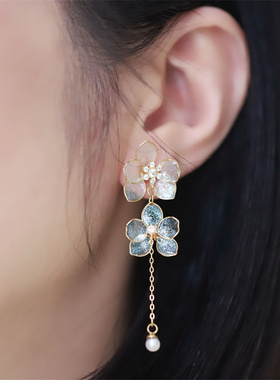 灵扬手作原创蝴蝶兰耳环文艺复古新中式耳坠流苏珍珠S925银耳饰