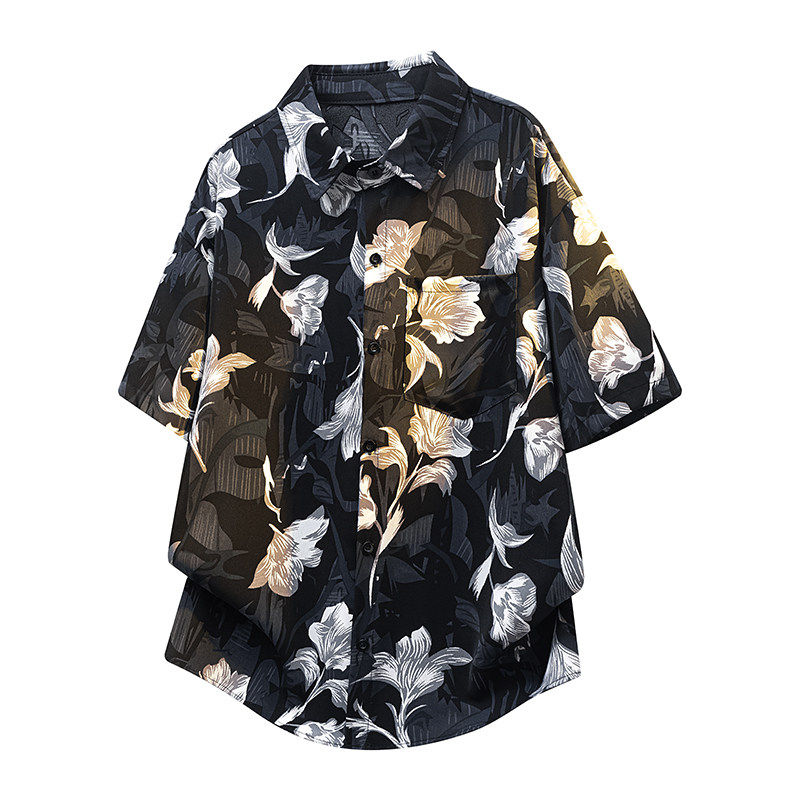 冰丝垂感花衬衫定制ogo免烫发型师咖啡厅酒吧夜店工作服少爷制服