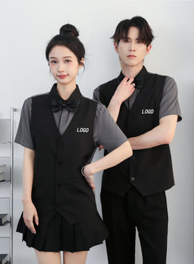 酒吧夜店理发型师店美发师短袖衬衫不对称工作服定制logo男女同款