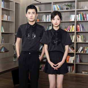 酒店中西餐厅服务员工装餐饮餐馆火锅饭店工作服亮片短袖男女衬衫