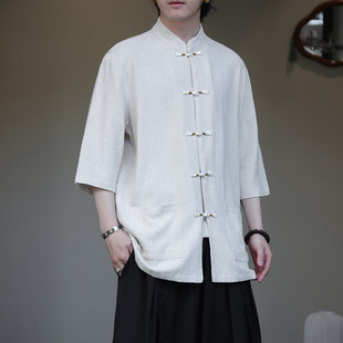 中国风衬衫工作服短袖男唐装上衣中医养生馆棉麻按摩师足浴男技师