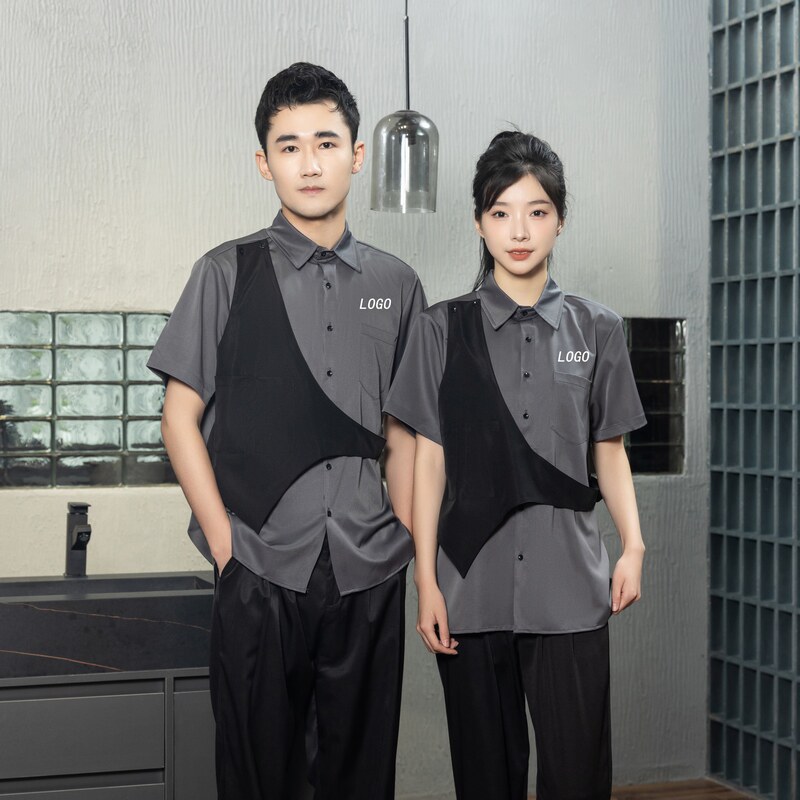 假两件马甲衬衫理发店调酒师发型师酒吧KTV服务员工作服定制衬衣