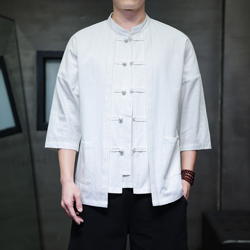 唐装男中老年短袖夏季薄款棉麻衬衫中式盘扣复古男装禅茶服爸爸装