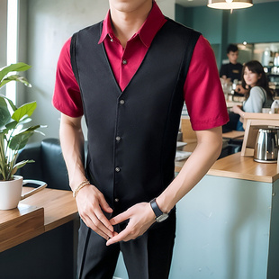 KTV服务员工作服衬衫男假两件马甲酒吧咖啡厅服务生工装logo定制