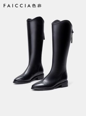 色非冬新款靴子秋款女尖头黑色V口高筒靴粗跟西部牛仔靴D343I