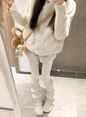 燕麦白色螺纹打底裤女秋冬季2025新款加绒外穿紧身显瘦踩脚连裤袜