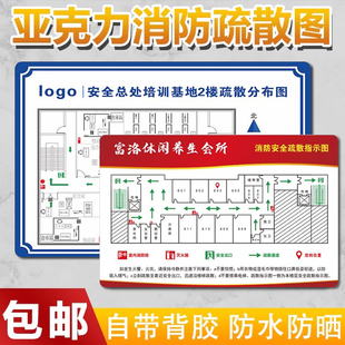 消防安全疏散示意图亚克力背胶防水灭火器消防栓消防检查指示牌逃生图学校宾馆酒店KTV安全警示标示