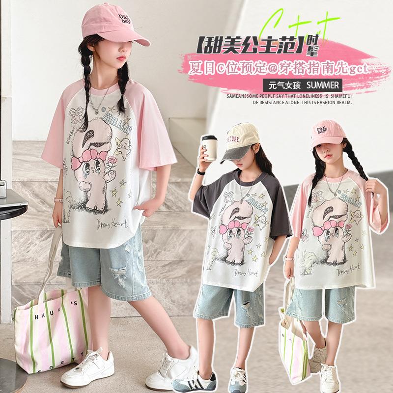 折扣专区清仓撤柜女童夏季短袖儿童洋气卡通印花插肩袖T恤中亲子