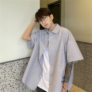 CityBoy日系廓形蓝色条纹宽松全棉短袖衬衫501-2-CS008-P4859图片