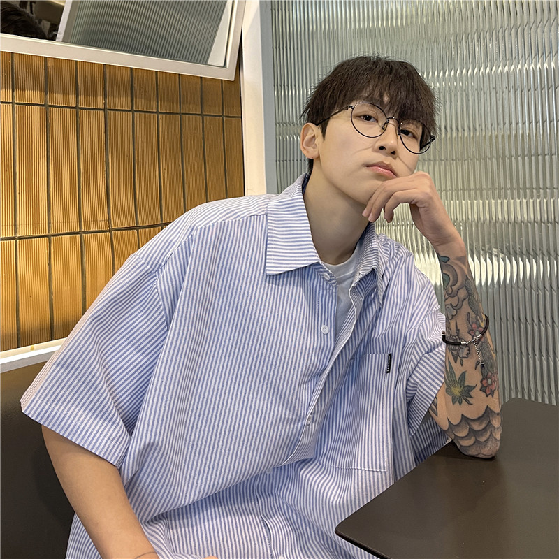 CityBoy日系廓形蓝色条纹宽松全棉短袖衬衫501-2-CS008-P4859,男装T恤,星座501-2