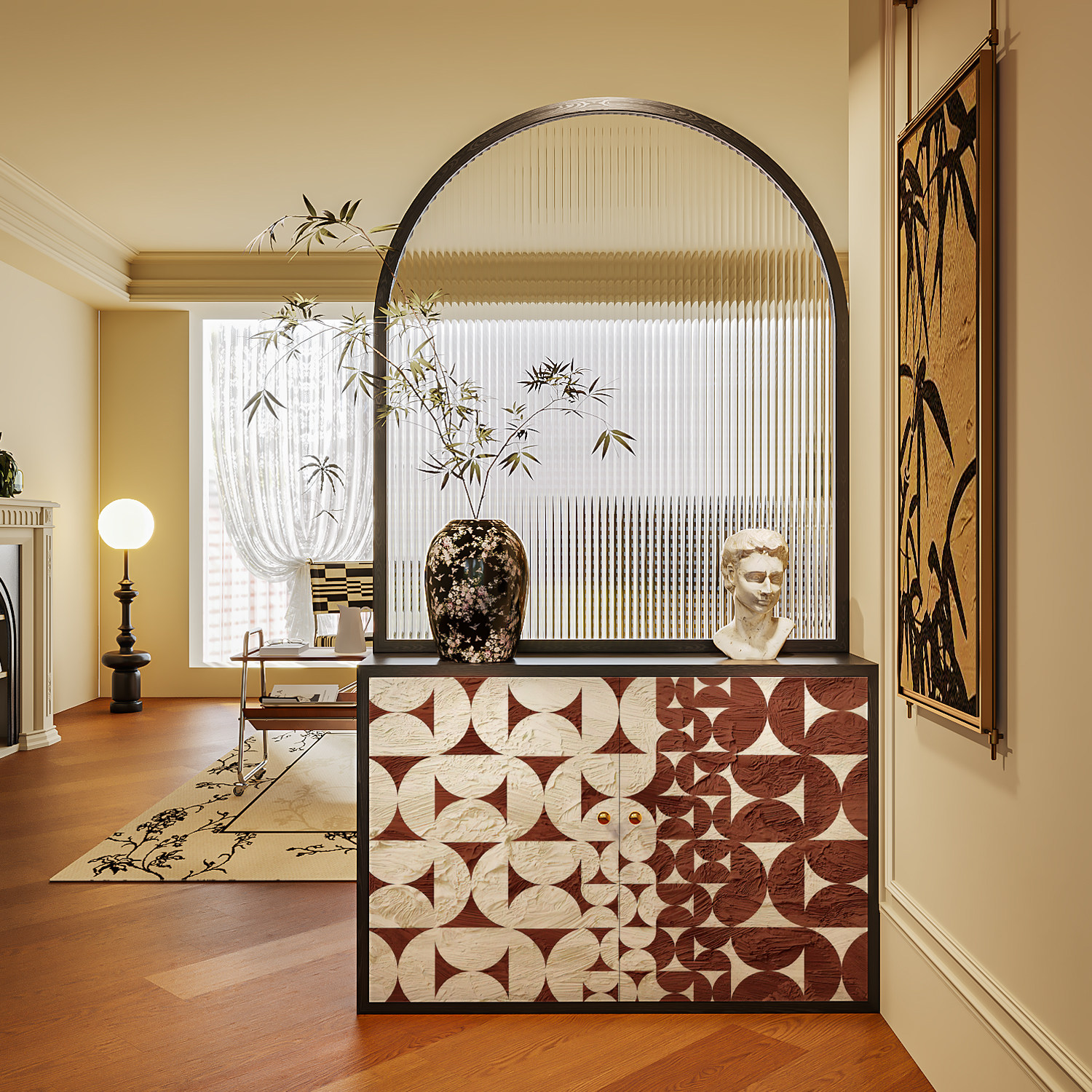 复古法式几何实木玻璃屏风鞋柜一体家用客厅入户门餐厅玄关柜隔断