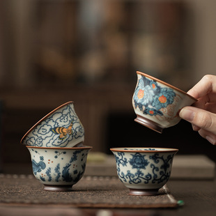 陶瓷反口杯家用品茗杯主人杯开片可养个人茶盏单杯子 仿古汝窑中式