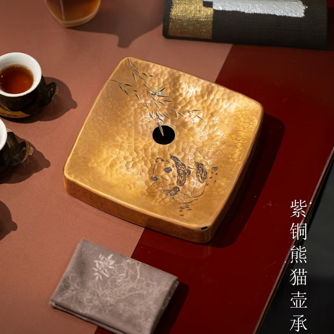 干泡盘纯手工篆刻紫铜小壶承家用小茶盘干泡茶台沥水托盘蓄水茶海