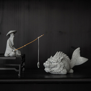 青砂石姜太公钓鱼茶宠摆件创意个性精品可以茶玩中式桌面装饰摆设