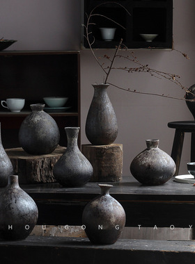 粗陶花插复古家居装饰品摆件简约陶瓷小花瓶中式创意花器禅意花插
