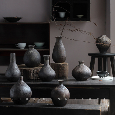 粗陶花插复古家居装饰品摆件简约陶瓷小花瓶中式创意花器禅意花插