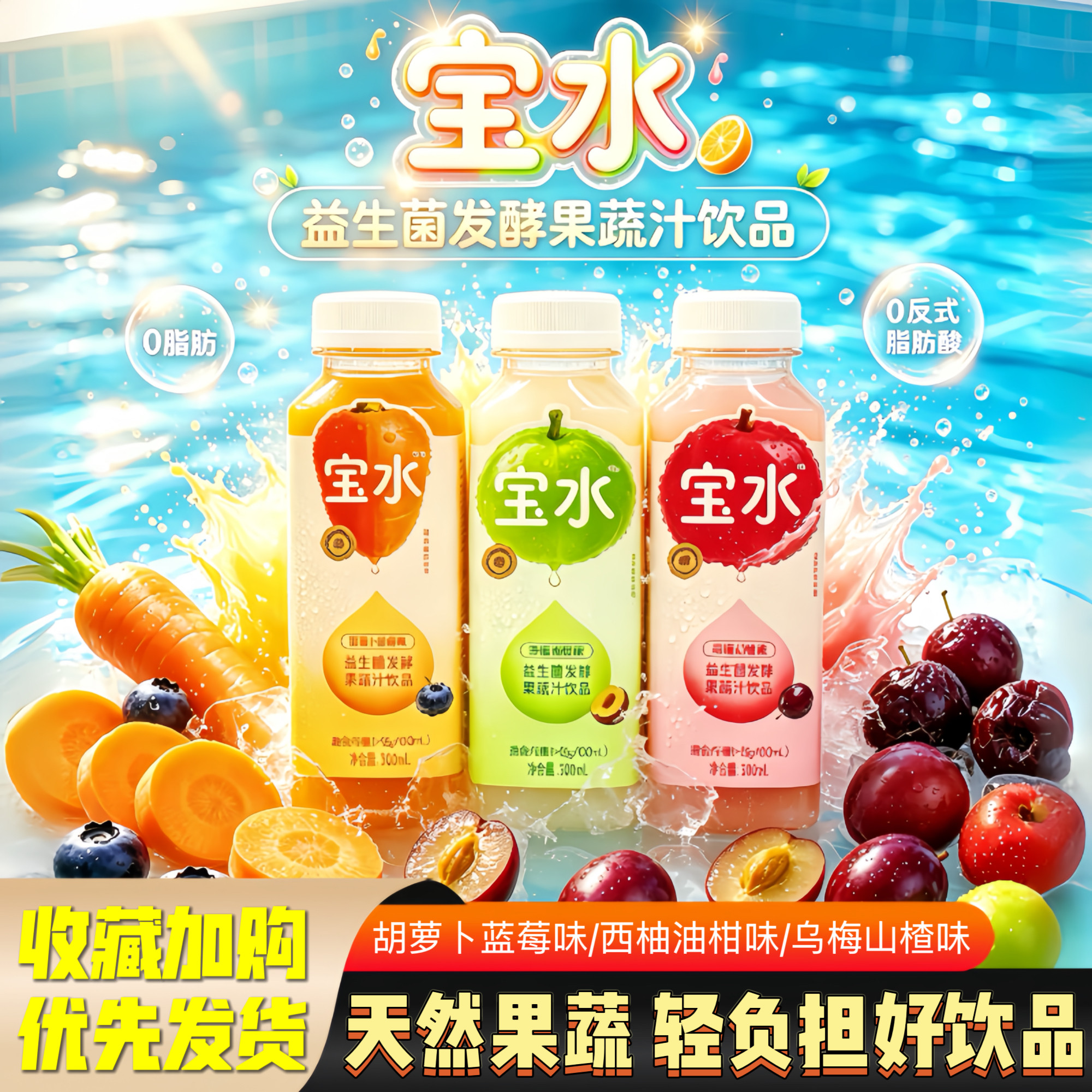 宝水益生菌发酵果蔬汁胡萝卜蓝莓西梅油柑乌梅山楂300ml夏季饮品