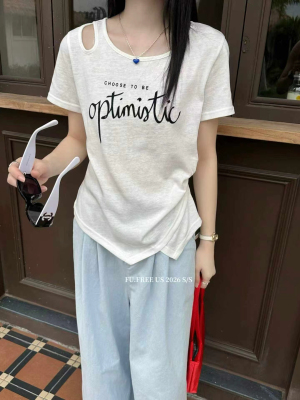FU 小心機設計不對稱鏤空撞色字母印花不規則下襬潮款t恤女2026夏