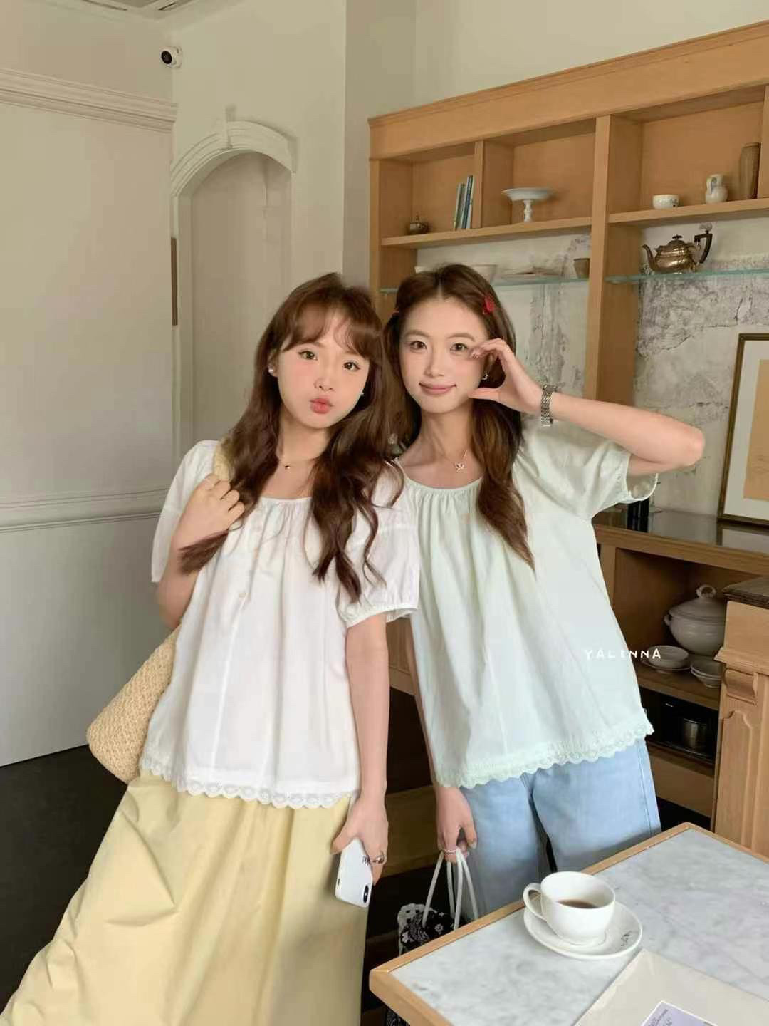 YALINNA 雅琳娜 蕾絲花邊泡泡袖上衣女設計感小眾寬松顯瘦娃娃衫