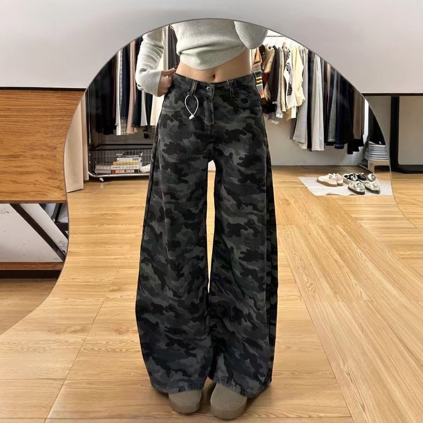 大码胖mm迷彩阔腿牛仔裤女2025新款高腰显瘦宽松百搭直筒拖地长裤,女装/女士精品,牛仔裤,淘宝优惠券,粉丝福利购,淘宝优惠卷