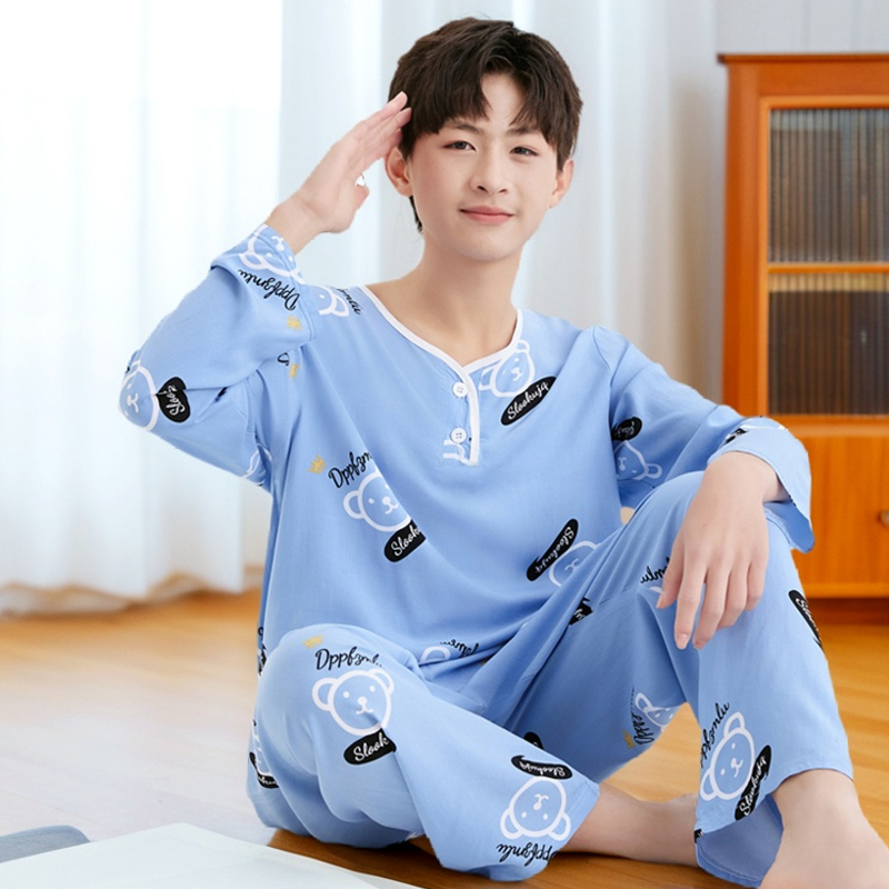 青少年睡衣男款长袖绵绸男大童棉绸家居服套装夏季薄款初高中学生