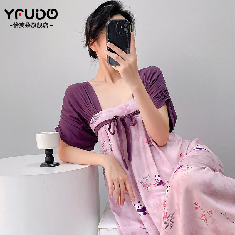 棉绸睡裙女夏季新中式国风印花系带短袖可外穿绵绸家居服长版裙子