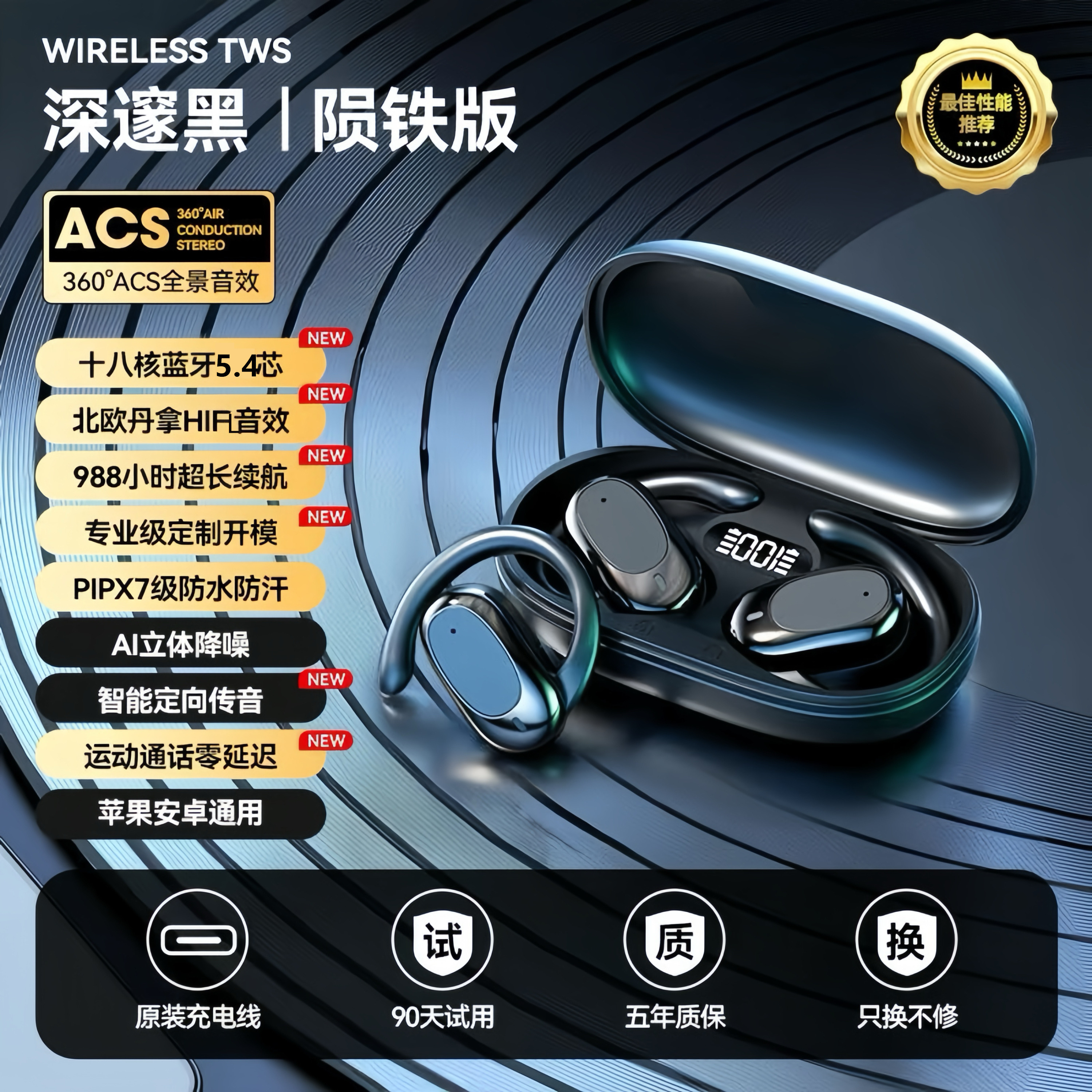 OWS-300新款无线蓝牙耳机挂耳式运动专用通话气传导久戴不痛高清