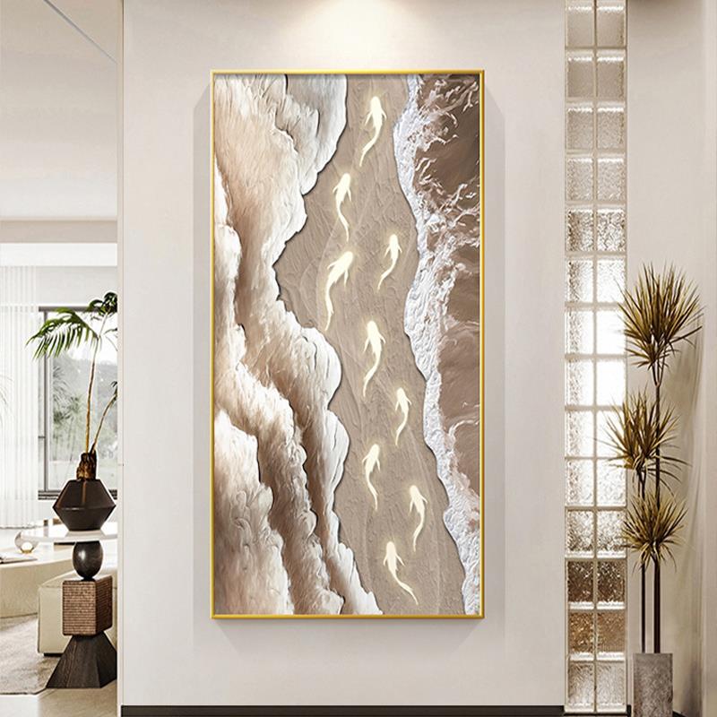 九鱼聚财手绘油画意式极简客厅装饰画走廊过道挂画竖版立体肌理画图片