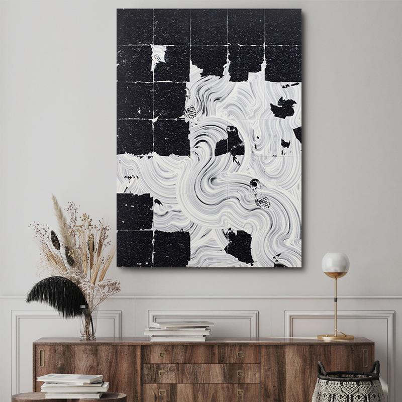 奶油风黑白色丙烯肌理画客厅抽象手绘油画现代装饰挂画高级感壁画图片